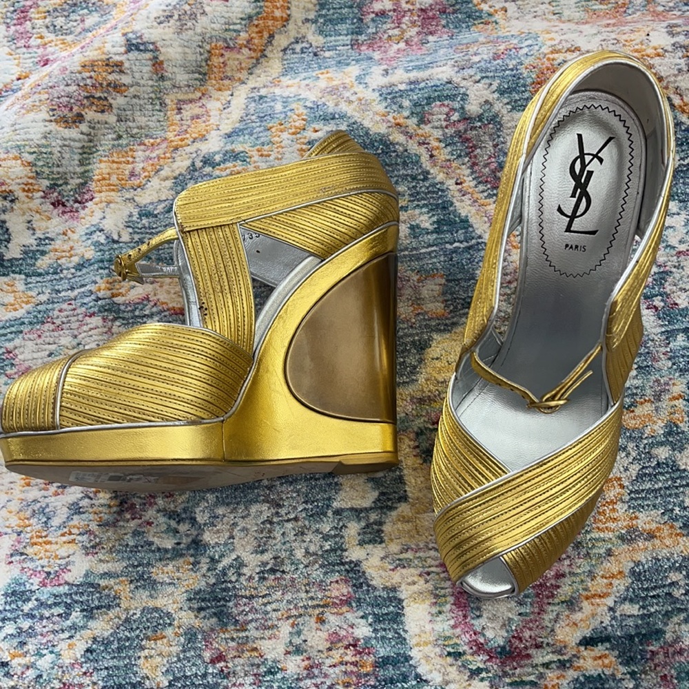 Ysl Saint Laurent Gold Wedge Luxury Heels Runway Gem